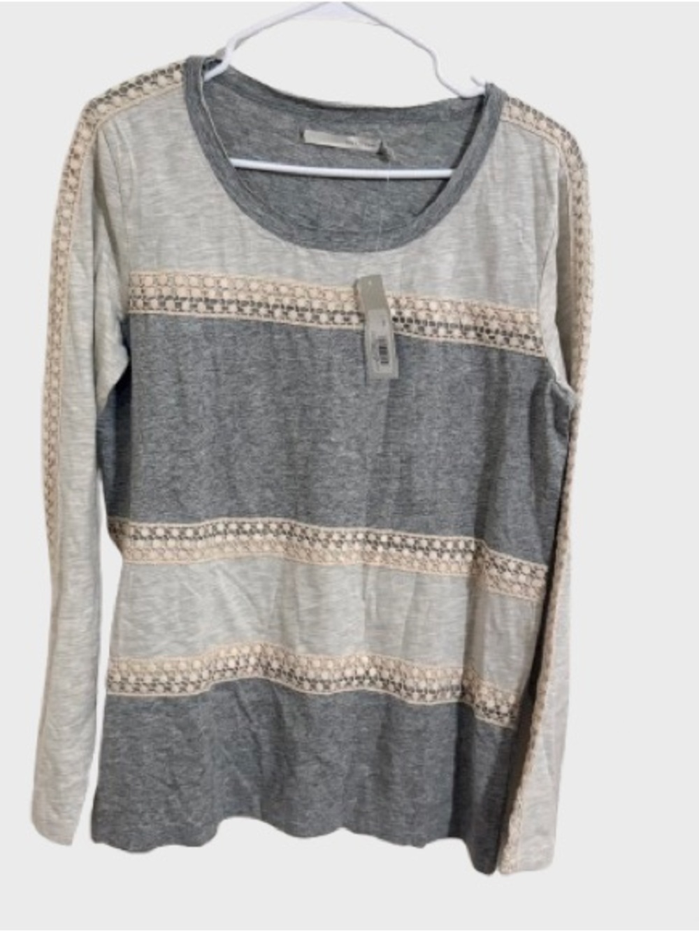 Grey State Gray and Cream Striped Lace-Trim Long Sleeve Top